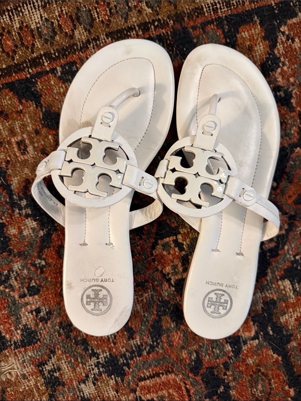 Tory Burch White Miller Logo Thong Sandals with Medallion